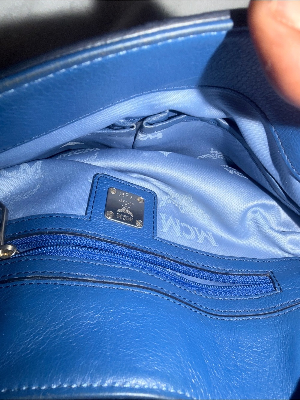 MCM Blue Leather Shoulder Bag with Tan strap - Picture 8 of 11